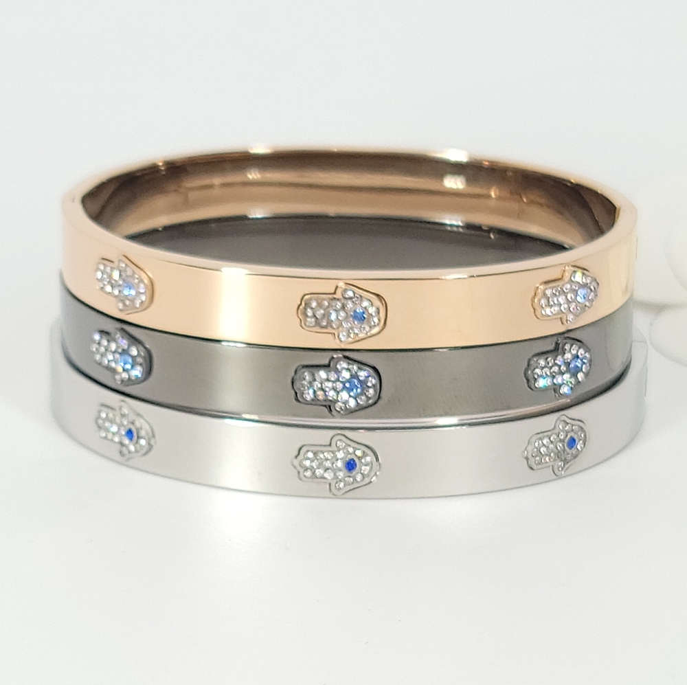NEW Hamsa Pave CZ Stainless Steel Bangle Bracelet - Picture 9 of 10